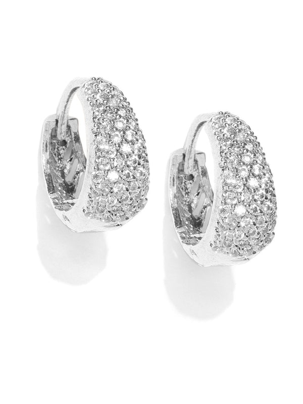 Women's Silver Plated American Diamond Studded Hoop Shaped Bali Earrings - Priyaasi