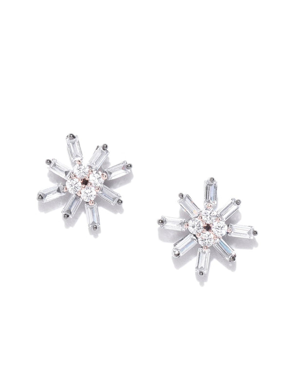 Women's Gun Metal Plated Cz And Floral Designed Stud Earrings - Priyaasi