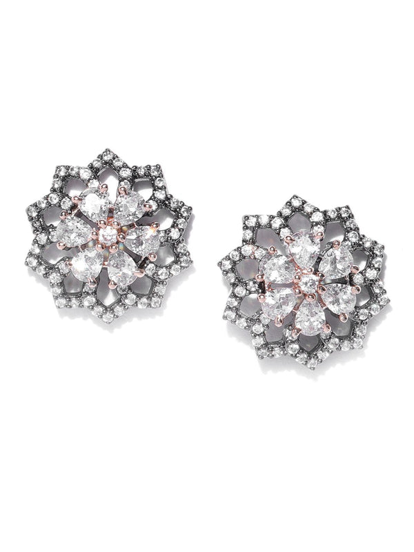 Women's Gunmetal Plated American Diamond Studded Floral Shaped Handcrafted Stud Earrings - Priyaasi