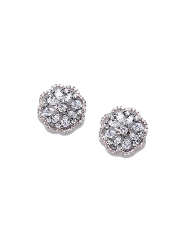 Women's Gunmetal Plated American Diamond Studded Floral Designed Handcrafted Stud Earrings - Priyaasi - Indiakreations