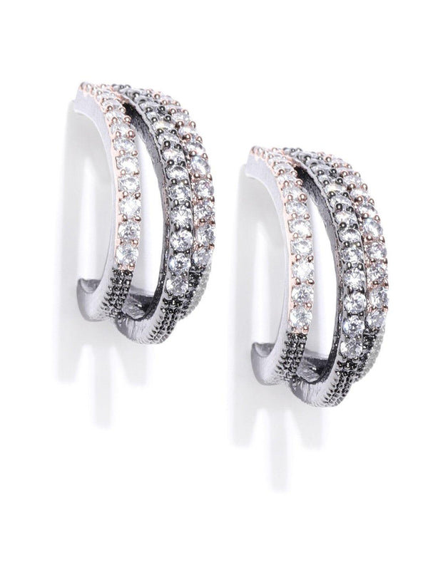 Women's Gunmetal Plated American Diamond Studded Triple Layered Shape Drop Earrings - Priyaasi - Indiakreations