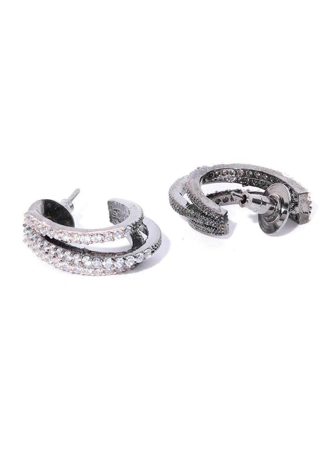 Women's Gunmetal Plated American Diamond Studded Triple Layered Shape Drop Earrings - Priyaasi - Indiakreations