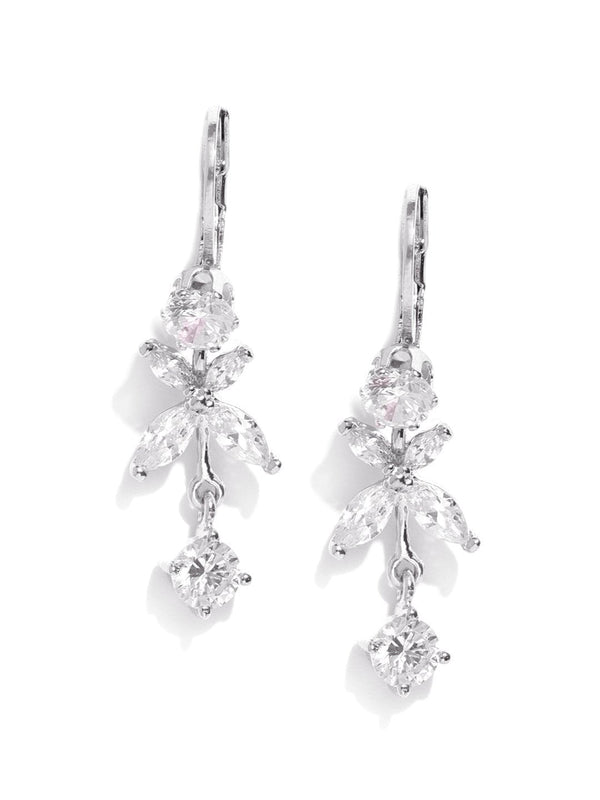 Women's Silver Plated American Diamond Studded Floral Pattern Drop Earrings For Women - Priyaasi