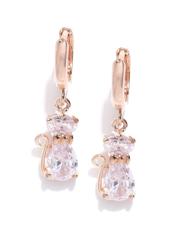 Women's Rose Gold Plated American Diamond Studded Cat Inspired Drop Earrings - Priyaasi