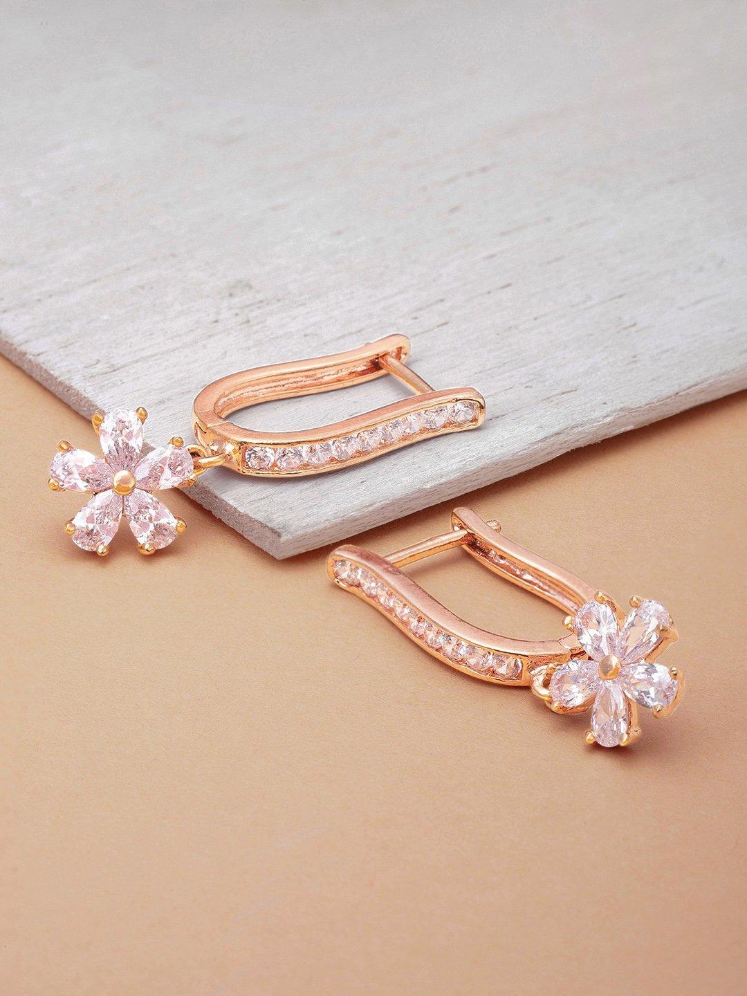 Women's Rose Gold Plated American Diamond Studded Floral Drop Earrings - Priyaasi - Indiakreations