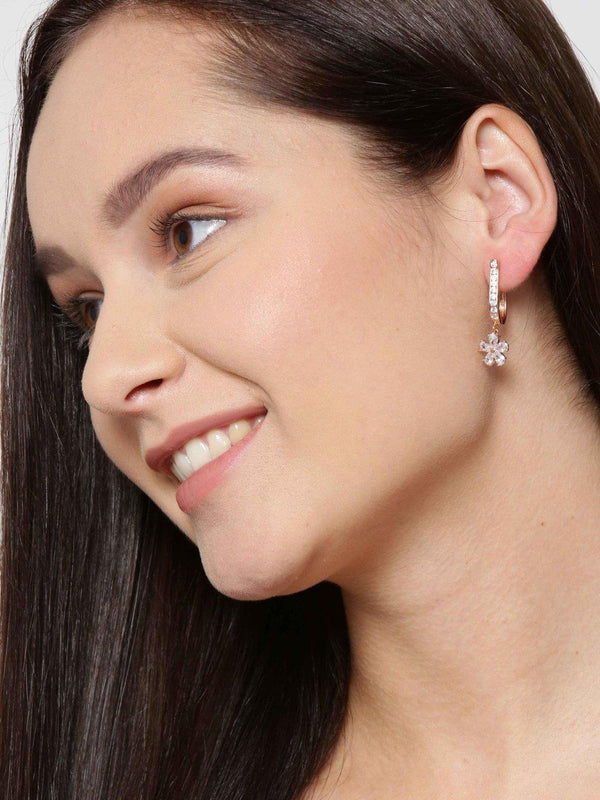 Women's Rose Gold Plated American Diamond Studded Floral Drop Earrings - Priyaasi - Indiakreations