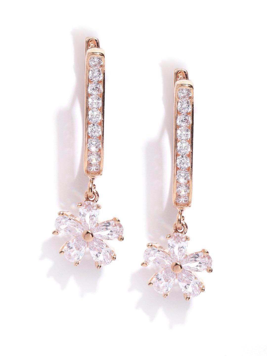 Women's Rose Gold Plated American Diamond Studded Floral Drop Earrings - Priyaasi - Indiakreations