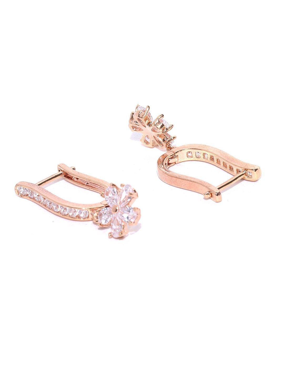 Women's Rose Gold Plated American Diamond Studded Floral Drop Earrings - Priyaasi - Indiakreations