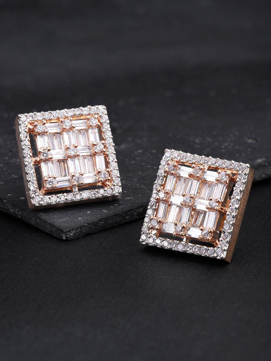 Women's Rose Gold Plated American Diamond Studded Square Shaped Stud Earrings - Priyaasi - Indiakreations