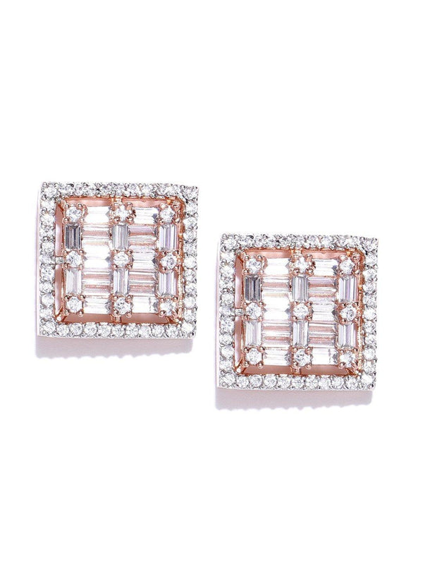 Women's Rose Gold Plated American Diamond Studded Square Shaped Stud Earrings - Priyaasi - Indiakreations