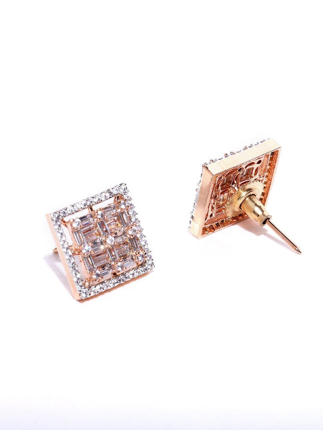 Women's Rose Gold Plated American Diamond Studded Square Shaped Stud Earrings - Priyaasi - Indiakreations