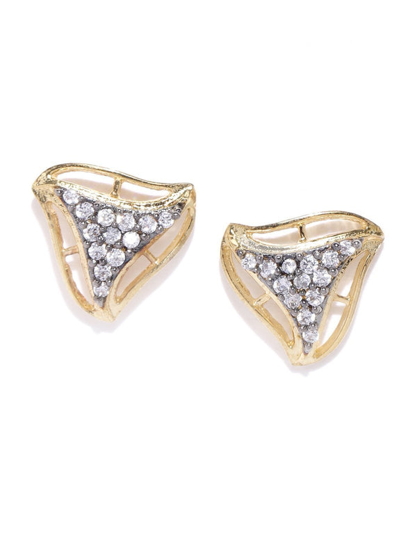 Women's Gold Plated American Diamond Studded Triangular Shaped Grey Stud Earrings - Priyaasi