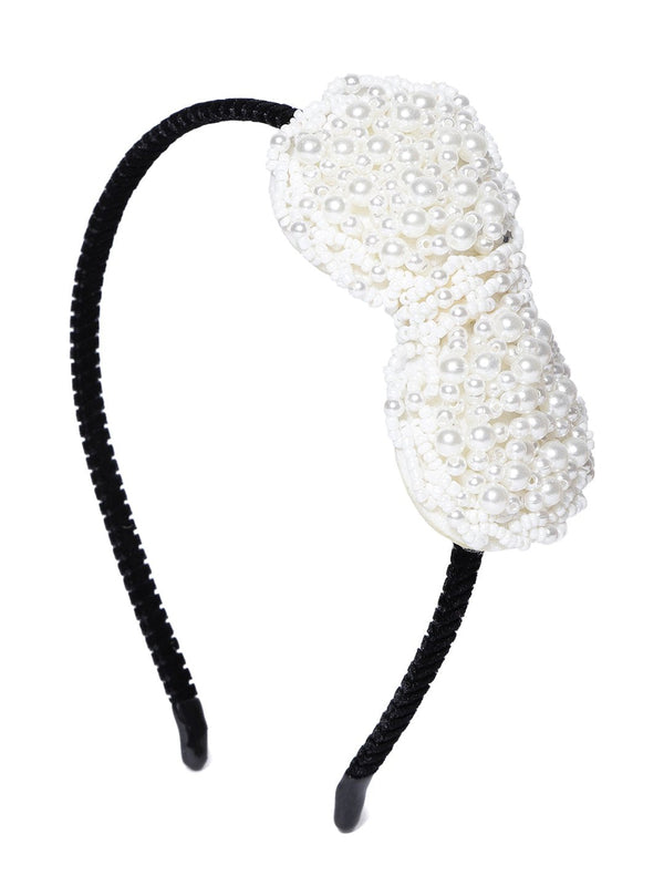 Women's Designer Pearls And Beaded Black-Cream Colour Bow Shaped Hairband - Priyaasi