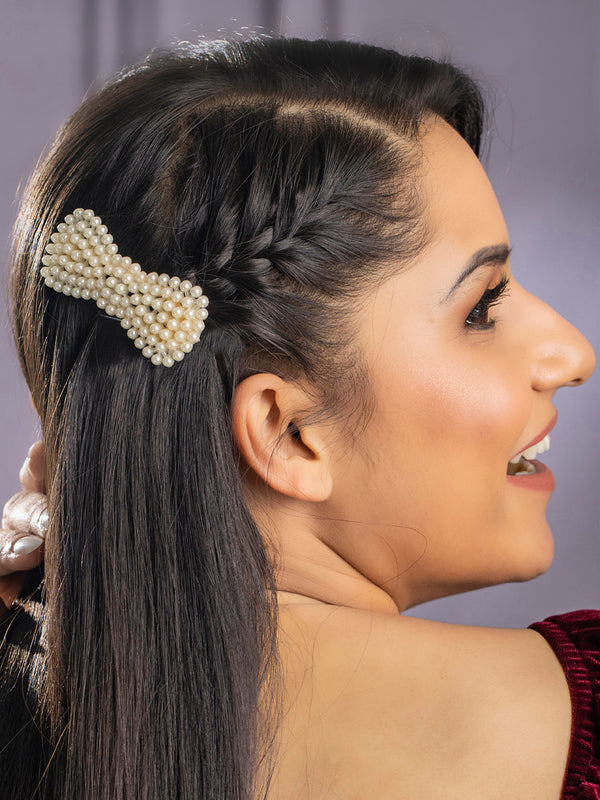 Women's White Beads Set of 2 Ribbon Hair Pin - Priyaasi