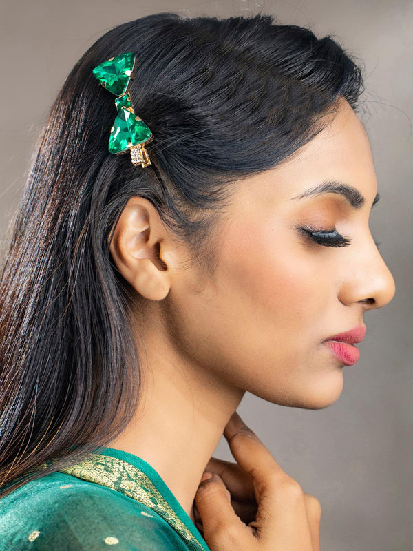 Women's Green Stones Rose Gold Plated Bow Hair Pin - Priyaasi - Indiakreations