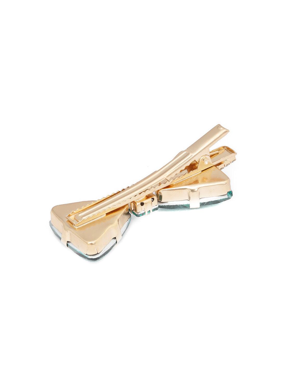 Women's Green Stones Rose Gold Plated Bow Hair Pin - Priyaasi - Indiakreations