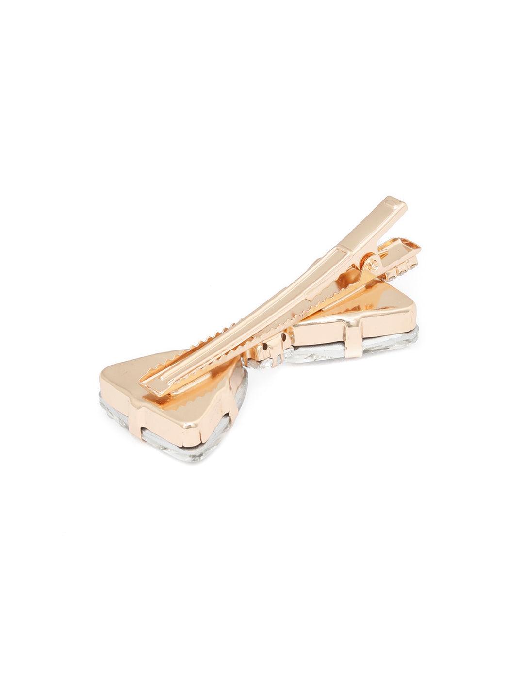 Women's White Stones Rose Gold Plated Bow Hair Pin - Priyaasi - Indiakreations