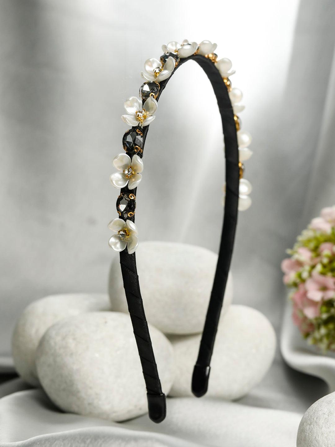 Women's White Black Stones Floral Hair Band - Priyaasi - Indiakreations