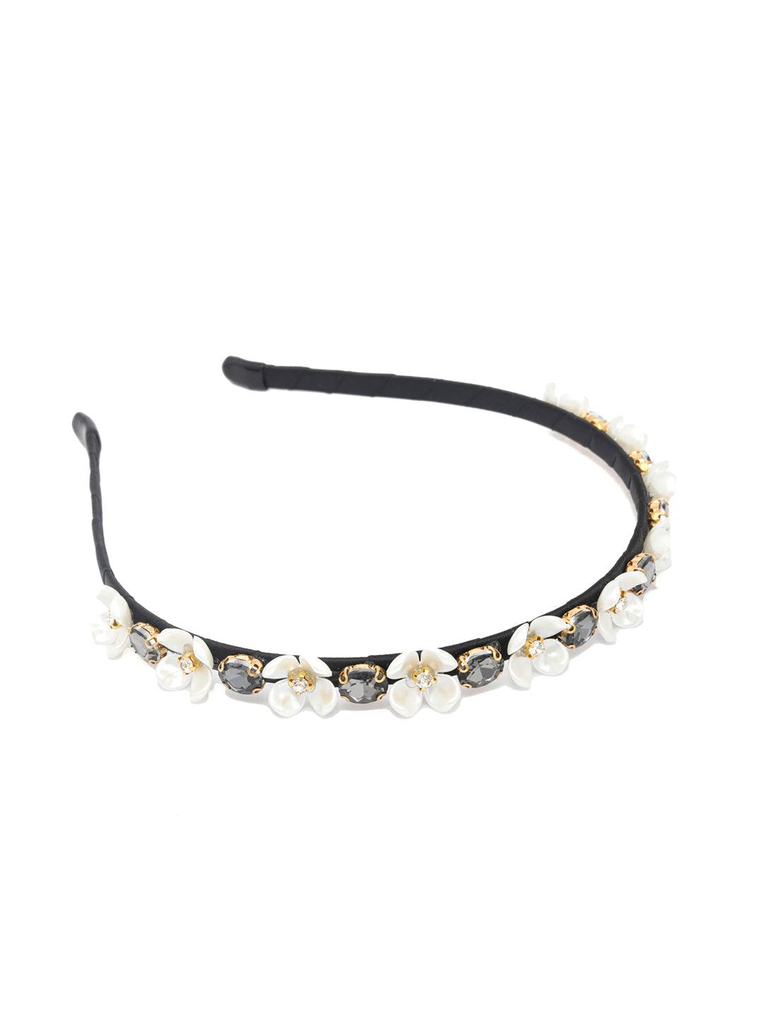 Women's White Black Stones Floral Hair Band - Priyaasi - Indiakreations