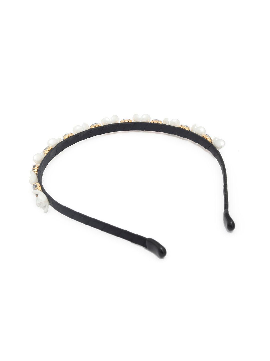 Women's White Black Stones Floral Hair Band - Priyaasi - Indiakreations