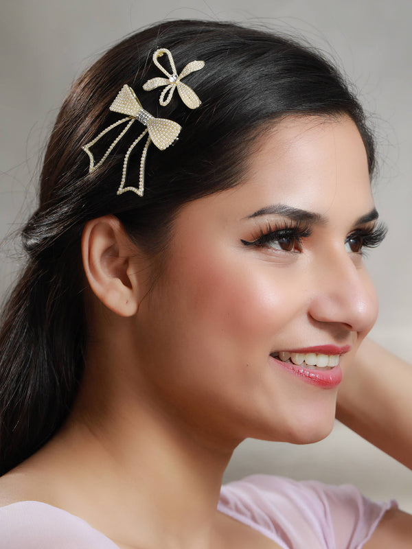 Women's White Flower & Bow Hair Pin Set - Priyaasi