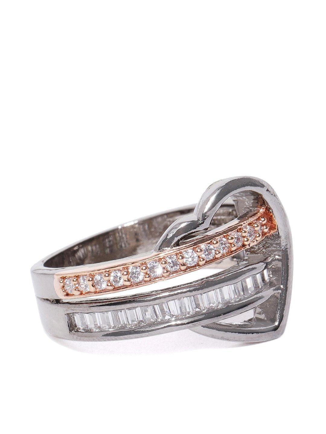 Women's Gunmetal Plated Dual Toned Ad Studded Heart Designed Ring - Priyaasi - Indiakreations