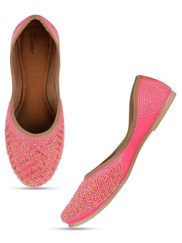 Women's Pink Hand Embroidered Indian Handcrafted Ethnic Comfort Footwear - Desi Colour