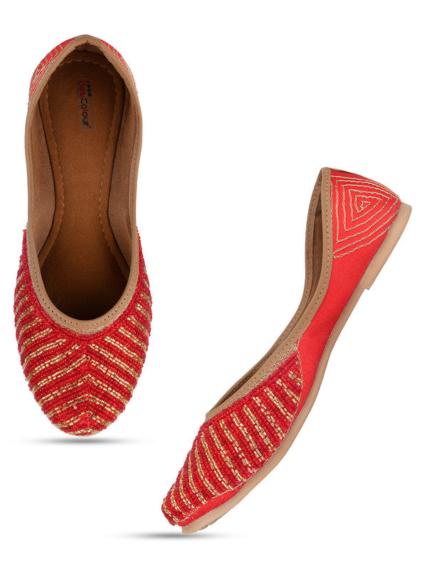 Women's Red Hand Embroidered Indian Handcrafted Ethnic Comfort Footwear - Desi Colour