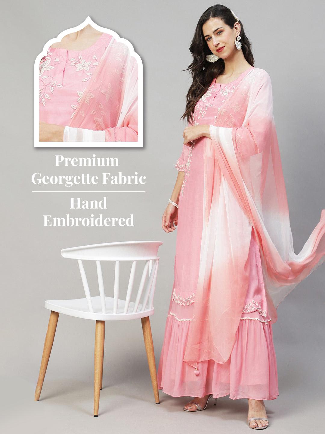 Solid Floral Hand Embroidered Kurta with Dress & Dupatta - Pink - Indiakreations