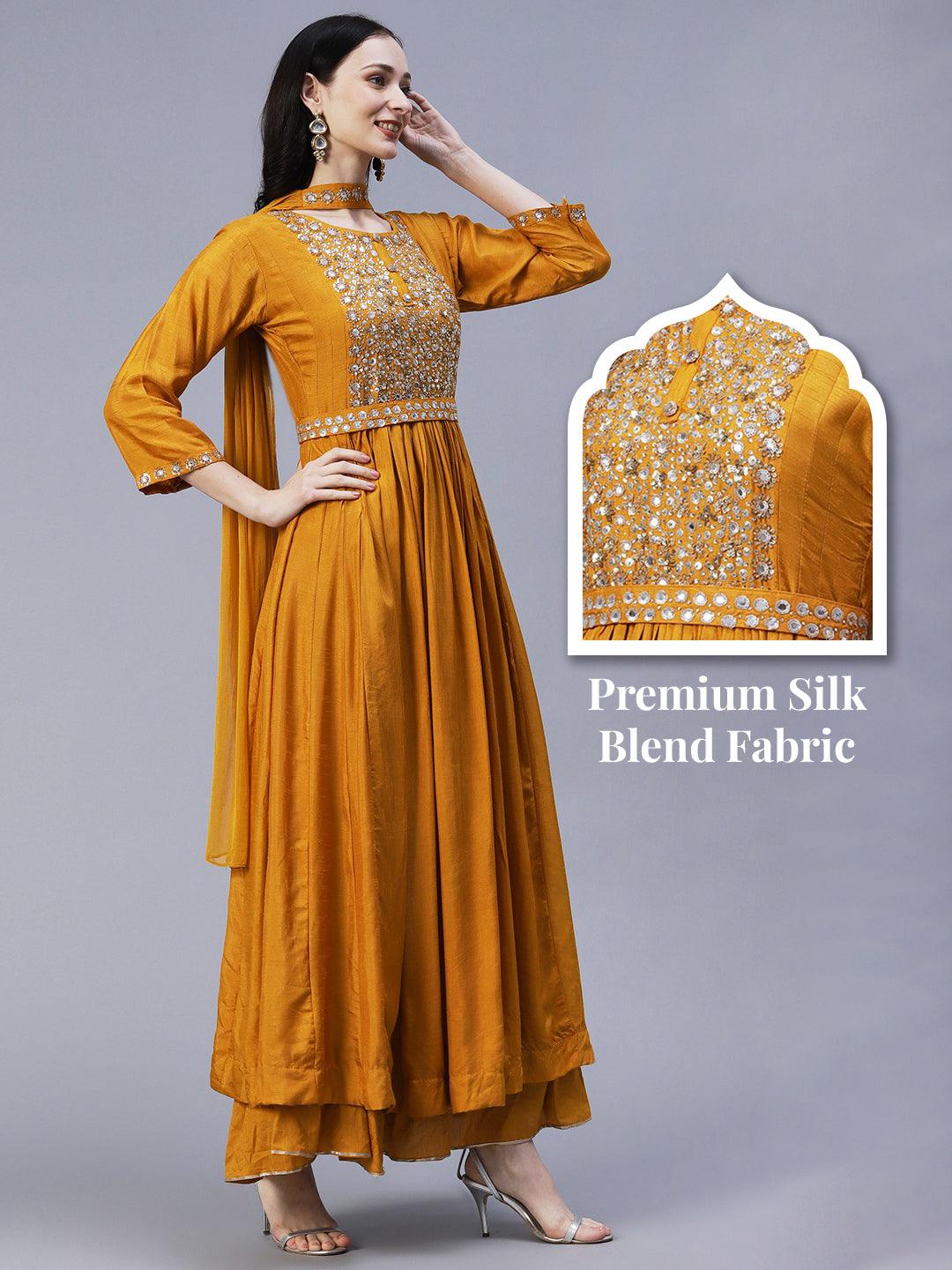 Solid Sequins & Stones Embroidered Gown with Belt & Pre-Stitched Stylized Dupatta - Mustard - Indiakreations