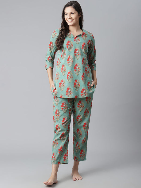 Women's Green Floral Print Cotton Nightwear - Wahenoor