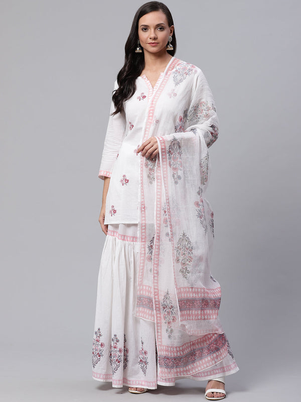 Women's White Cotton Kurti Sharara With Kota Dori Dupatta - Wahenoor