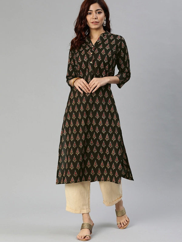 Women's Black Buti Print Cotton Kurta - Divena