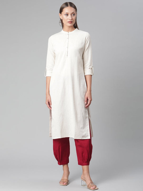 Women's Solid Beige Cotton Kurta  - Wahenoor