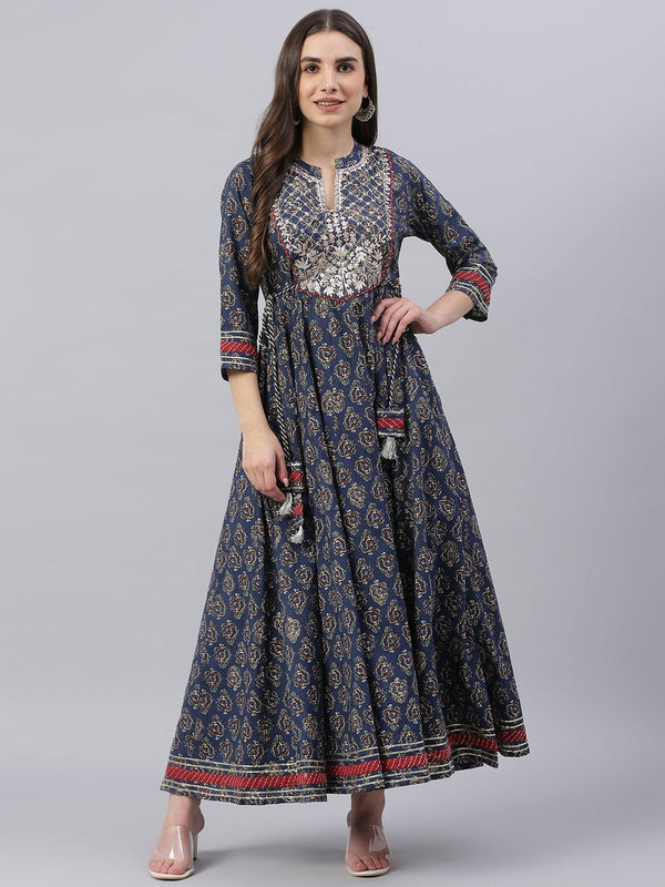 Women's Blue Cotton Anarkali Kurta - Wahenoor