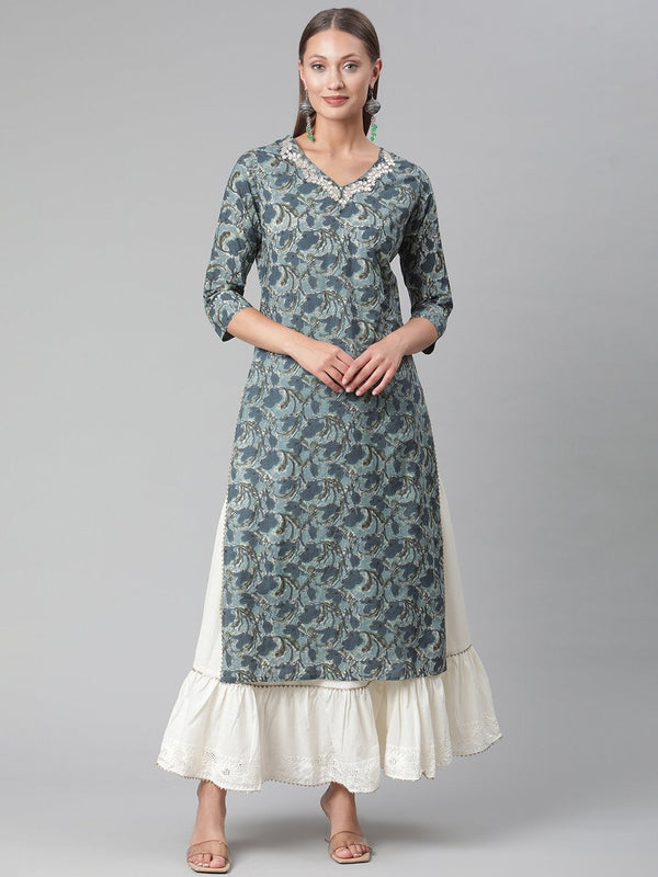 Women's Blue Cotton Kurta With Skirt  - Wahenoor