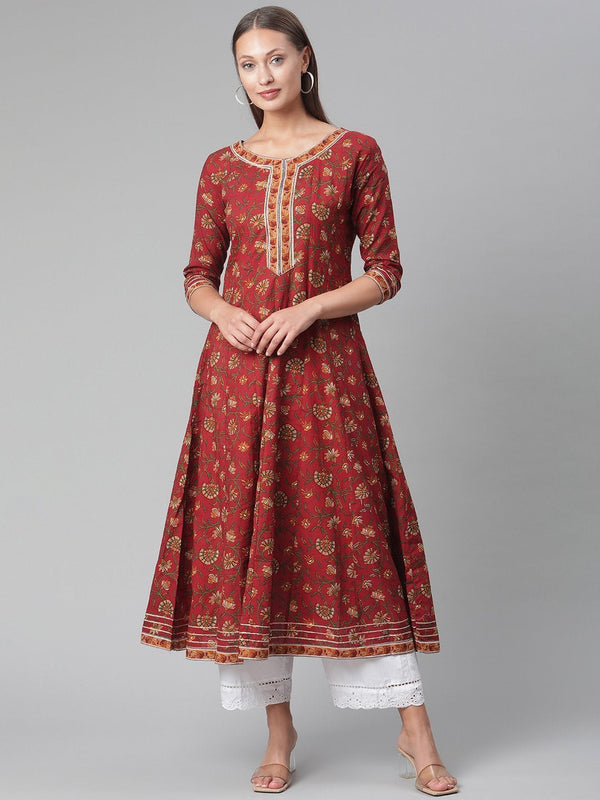 Women's Red Flaired Cotton Anarkali Kurta - Noz2Toz