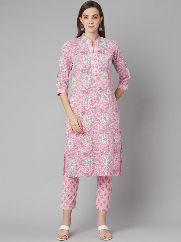 Women's Pink Floral Printed Cotton Kurta Pant Set - Noz2Toz