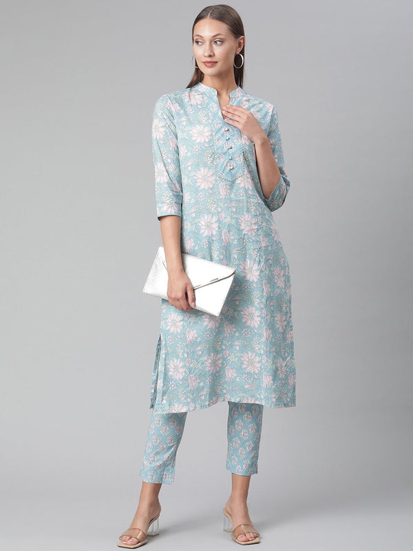 Women's Sky Blue Cotton Kurta Pant Set  - Wahenoor