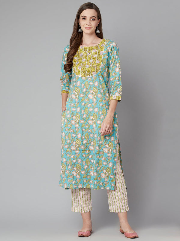 Women's Sky Blue Floral Printed Cotton Kurta Pant Set - Wahenoor