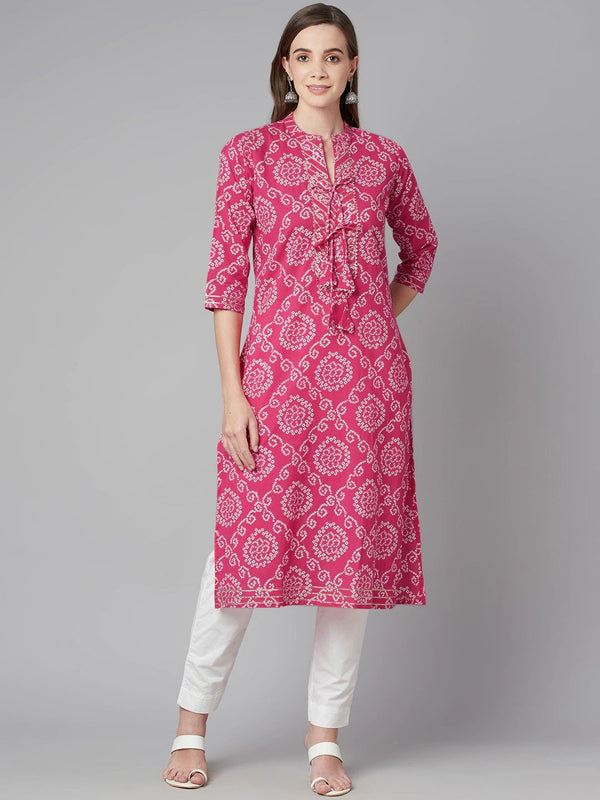 Women's Pink Bandhej Straight Kurta - Noz2Toz