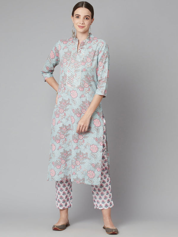 Women's Grey Pastel Floral Printed Cotton Kurta Pant Set - Noz2Toz