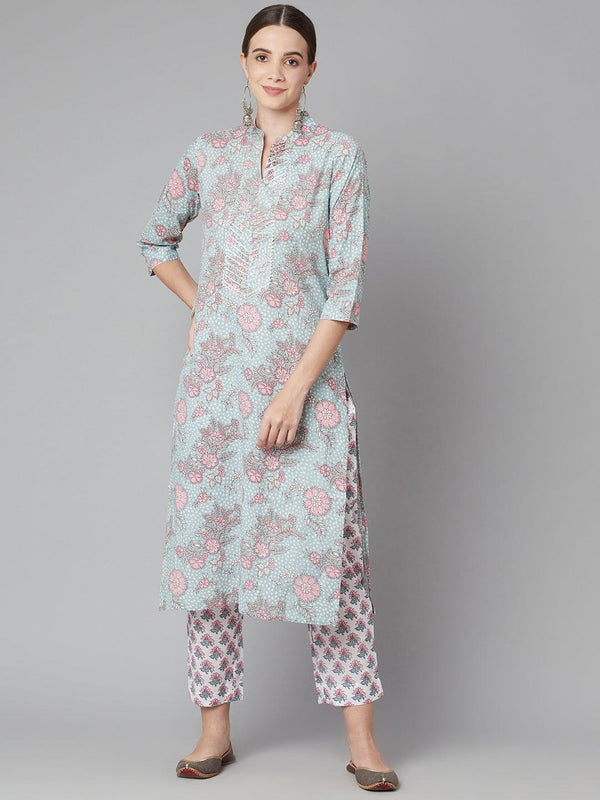 Women's Grey Pastel Floral Printed Cotton Kurta Pant Set - Noz2Toz - Indiakreations