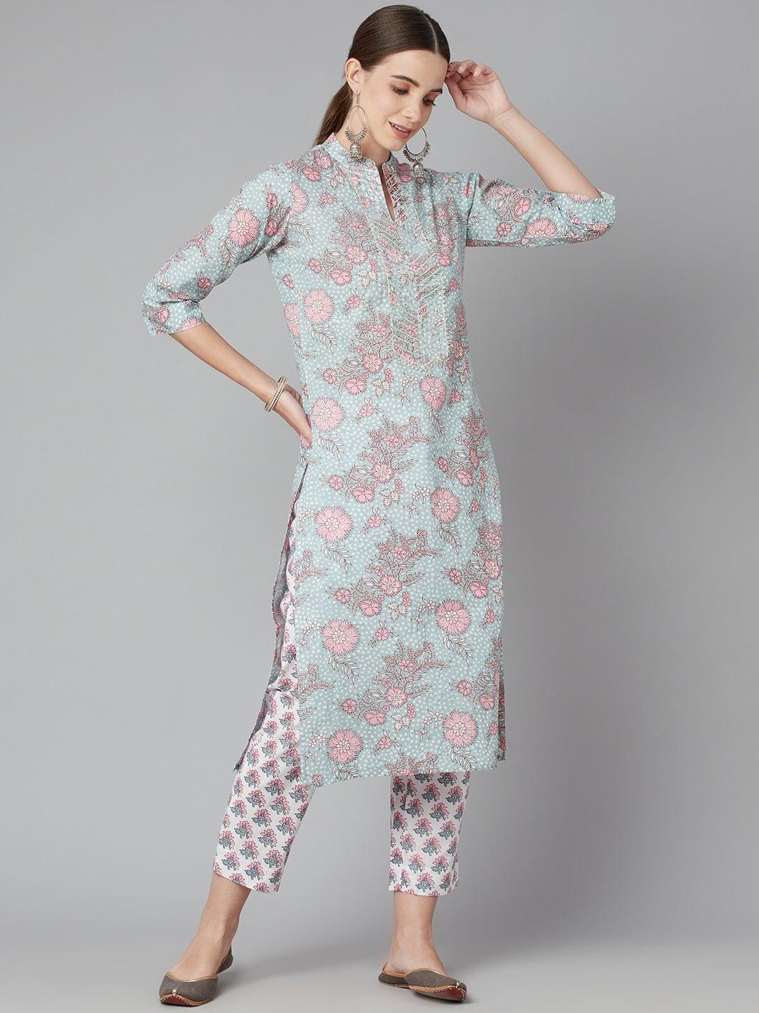 Women's Grey Pastel Floral Printed Cotton Kurta Pant Set - Noz2Toz - Indiakreations