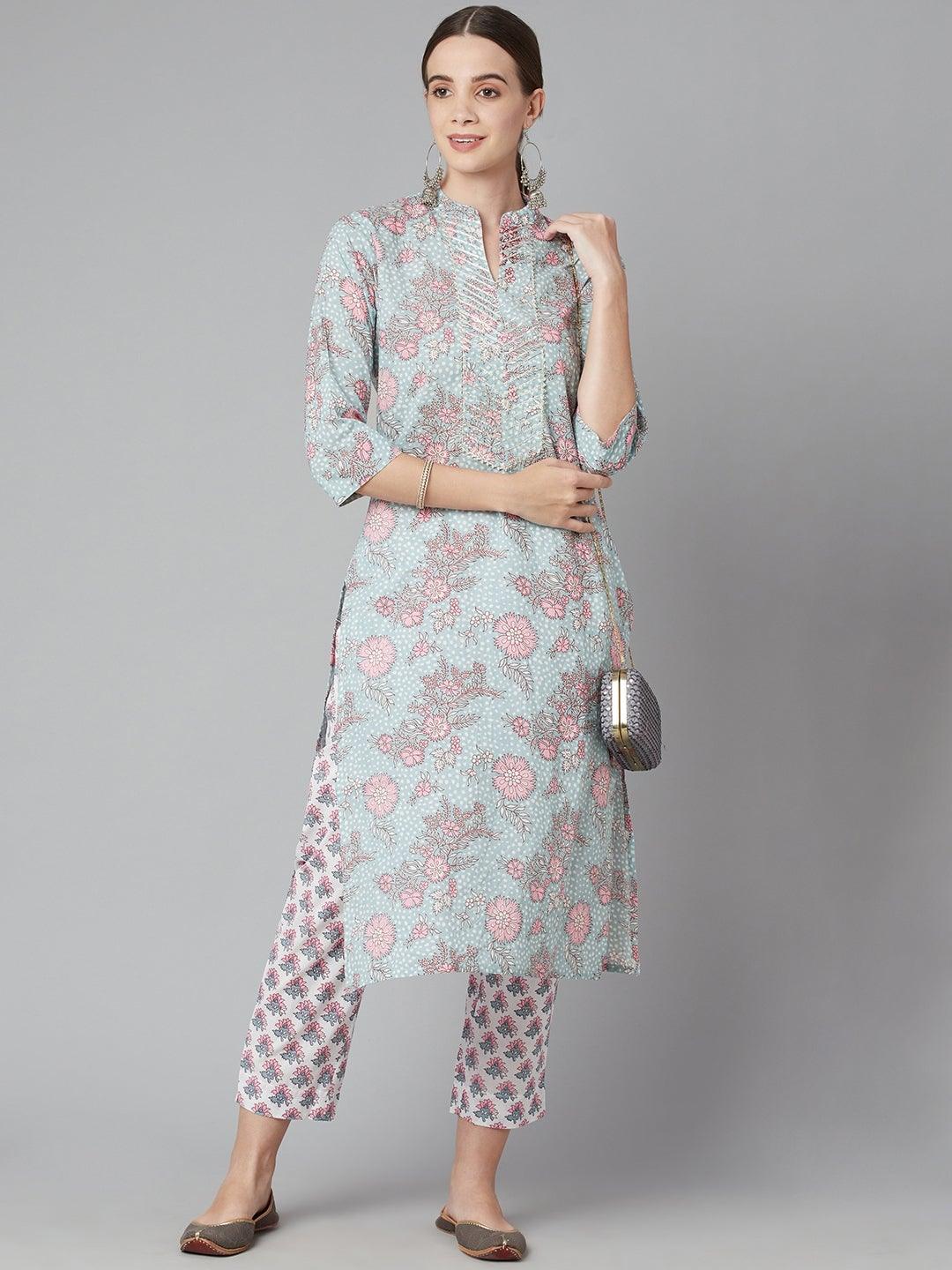 Women's Grey Pastel Floral Printed Cotton Kurta Pant Set - Noz2Toz - Indiakreations