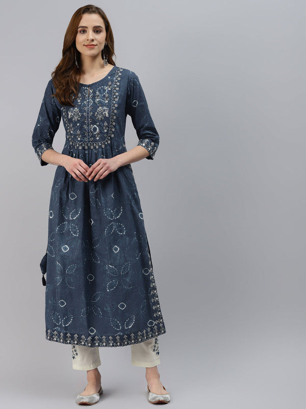 Women's Blue Cotton Kurta Pant Set - Wahenoor