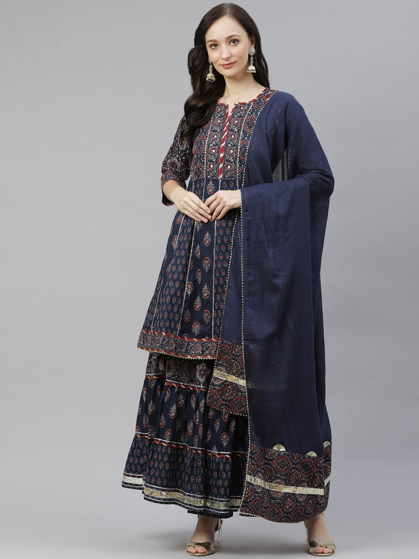 Women's Indigo Cotton Short Kurti Sharara Set With Dupatta - Noz2Toz