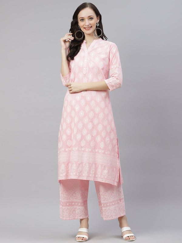 Women's Baby Pink Cotton Kurta Palazzo  Set - Wahenoor