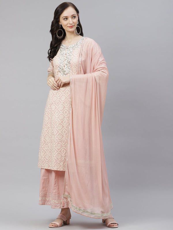 Women's Light Pink Cotton Straight Kurta Palazzo Set With Dupatta - Noz2Toz