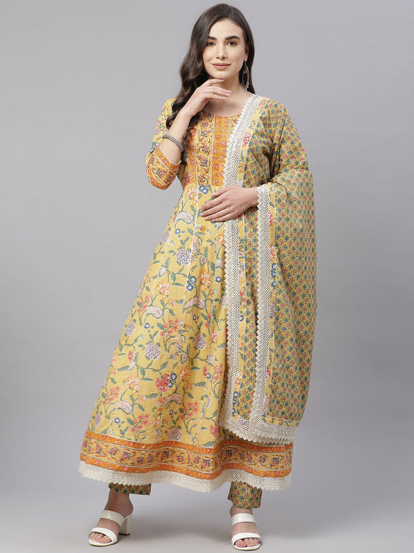 Women's Yellow Floral Anarkali Pant Set With Dupatta - Noz2Toz